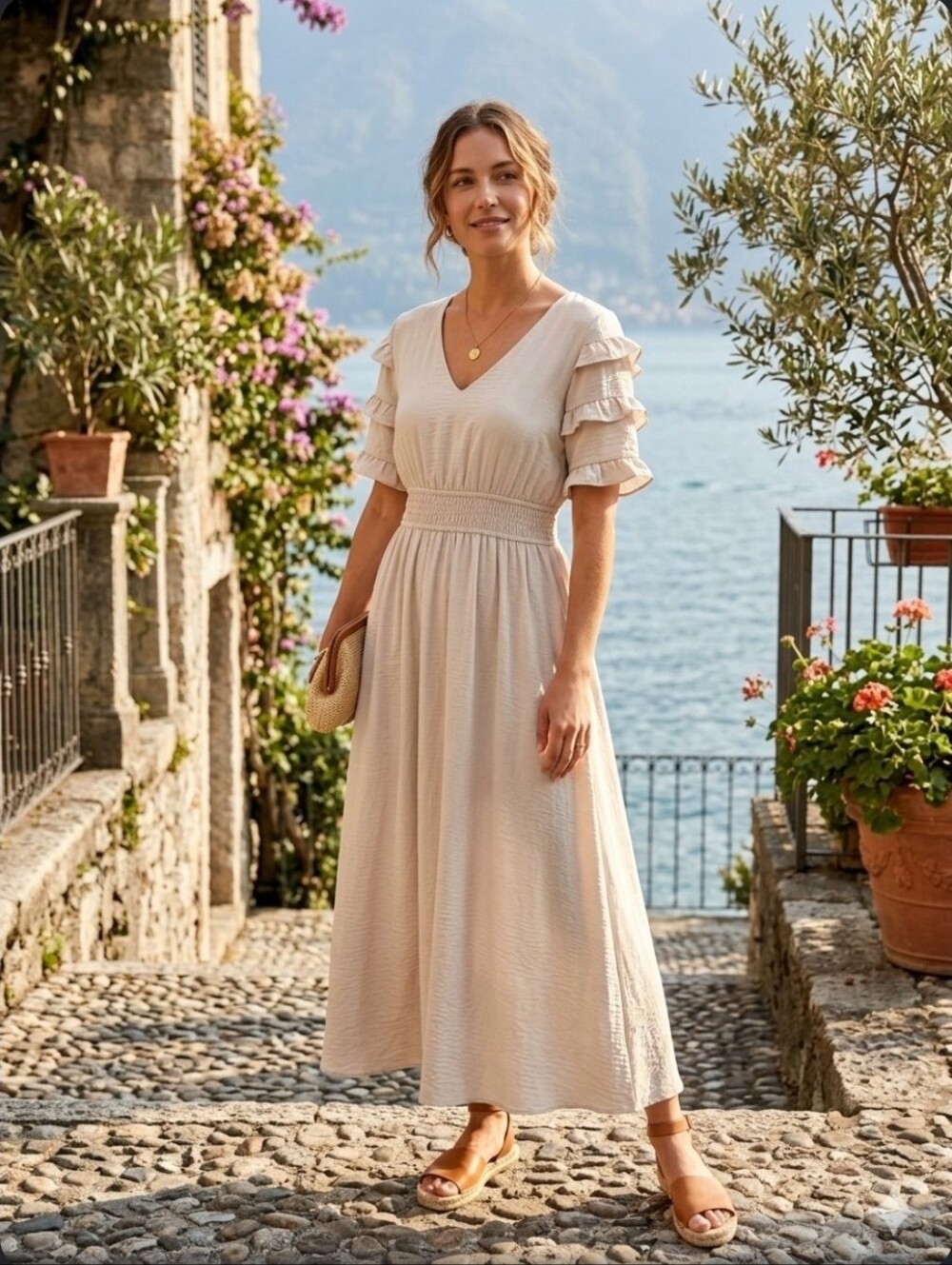 JODIFL Cream Ruffle Sleeve Maxi Dress